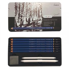 Набір олівців вугільних "Marco" №1041-9TN 6шт в метал.коробці,2 розтушовки,з гумкою(12)